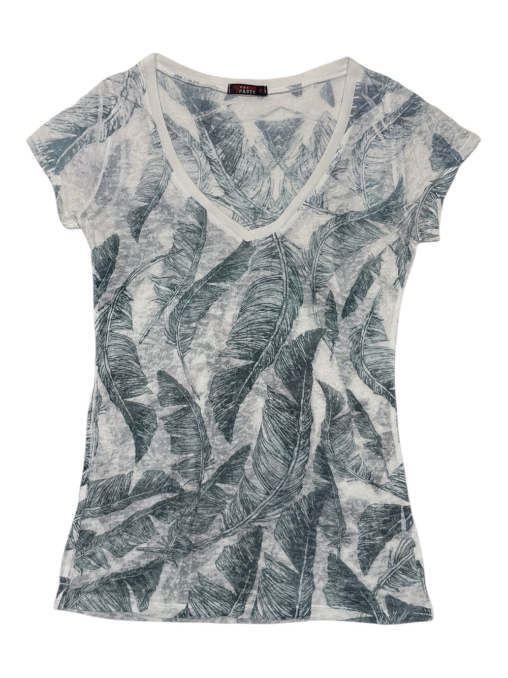 T-PARTY- Vintage and Tropical V-Neck Large Short Sleeve Tee in Blue Leaf Print
